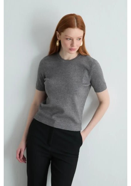 Kısa Kollu Triko Bluz - Gri
