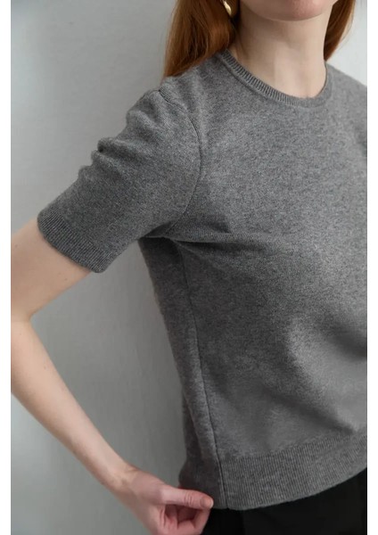 Kısa Kollu Triko Bluz - Gri fırsatları