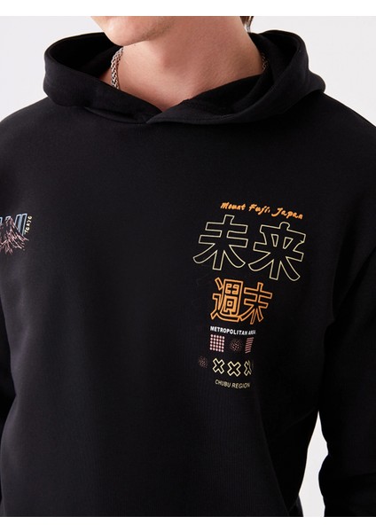 Xsıde Siyah Uzun Kollu Baskılı Erkek Kalın Hoodie fırsatları