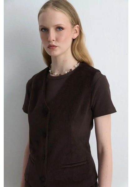 Anka Koleksiyonu Fitilli Kadife Yelek - Kahverengi