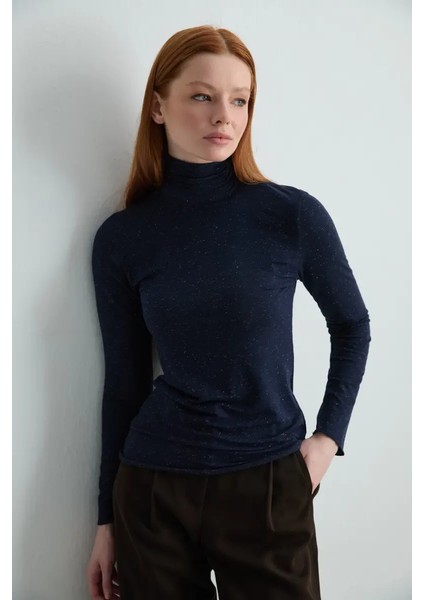 Balıkçı Yaka Kaşmir Simli Bluz - Lacivert