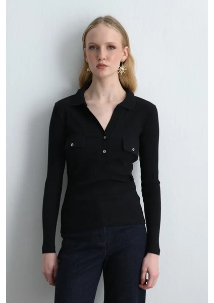 Polo Yaka Ribana Bluz - Siyah