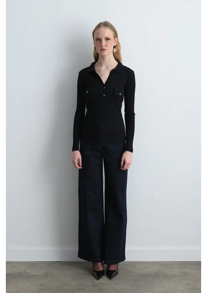 Polo Yaka Ribana Bluz - Siyah fiyatları