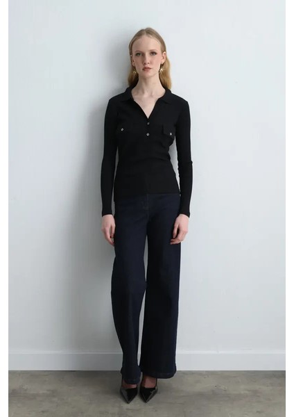 Polo Yaka Ribana Bluz - Siyah modelleri