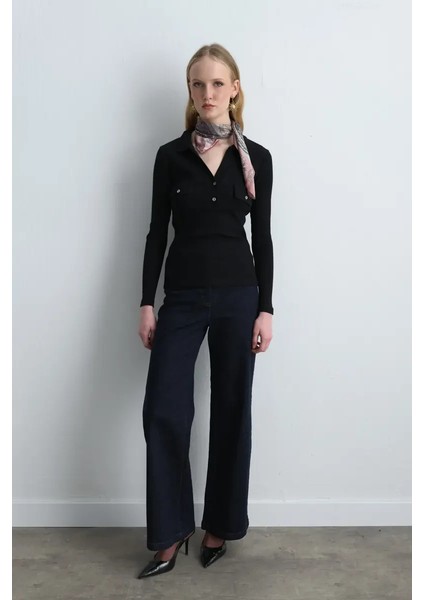 Polo Yaka Ribana Bluz - Siyah fırsatları