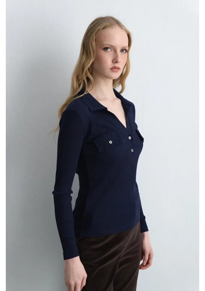 Polo Yaka Ribana Bluz - Lacivert