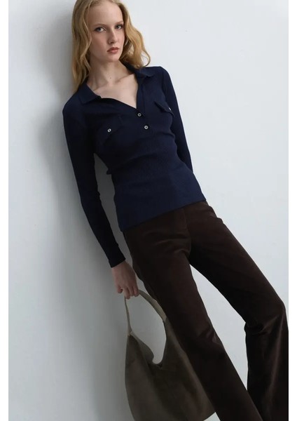 Polo Yaka Ribana Bluz - Lacivert fiyatları