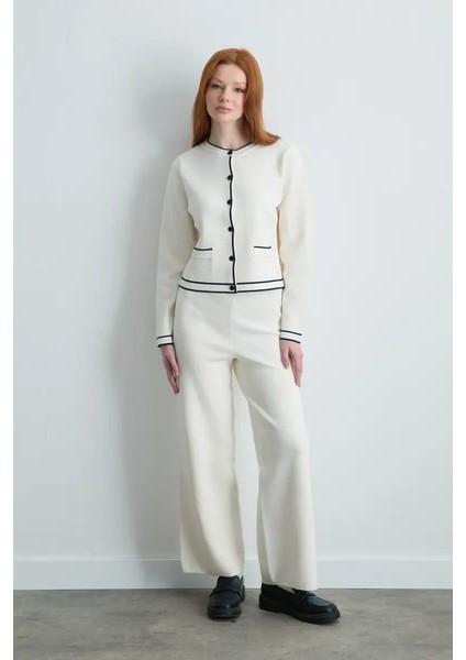 Biyeli Triko Hırka - Ekru