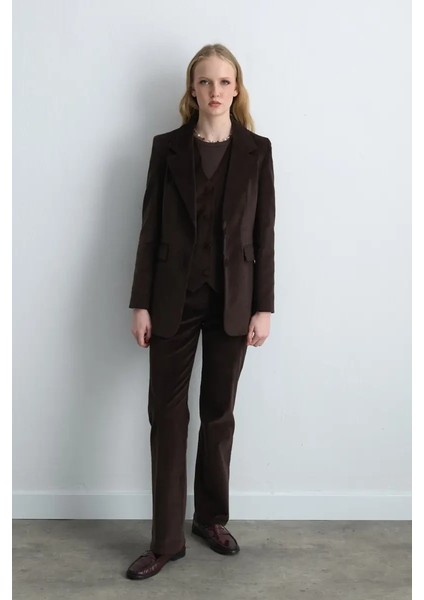 Anka Koleksiyonu Fitilli Kadife Blazer Ceket - Kahverengi