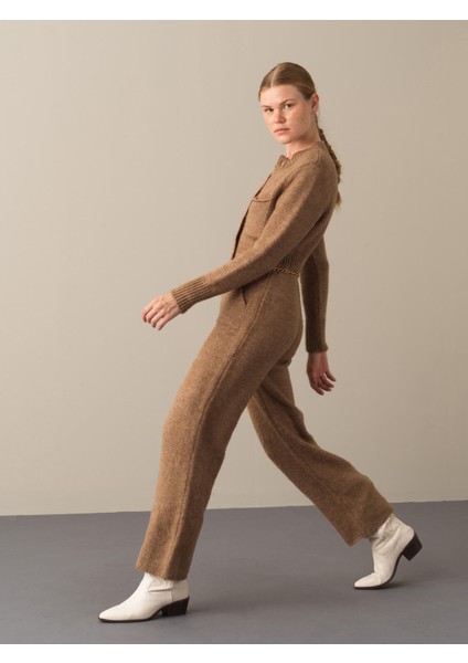 Kadın Camel Regular Fit Cepli Triko Tulum