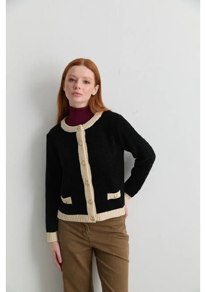 Kadife Dokulu Garnili Triko Hırka - Siyah