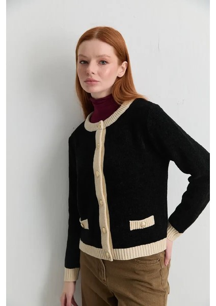 Kadife Dokulu Garnili Triko Hırka - Siyah fiyatları