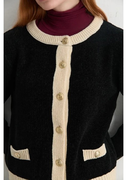 Kadife Dokulu Garnili Triko Hırka - Siyah modelleri