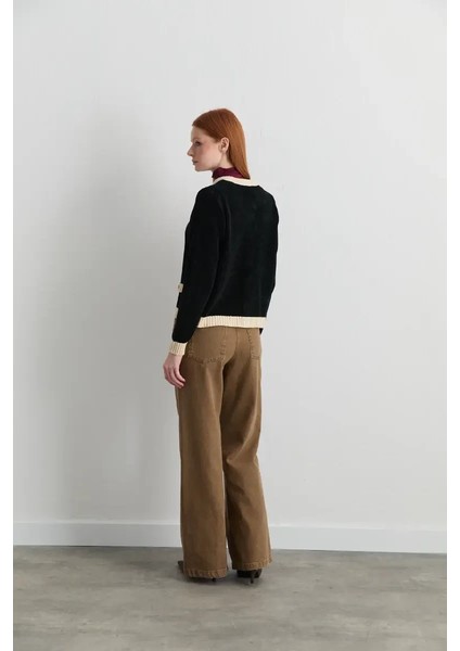 Kadife Dokulu Garnili Triko Hırka - Siyah indirimleri