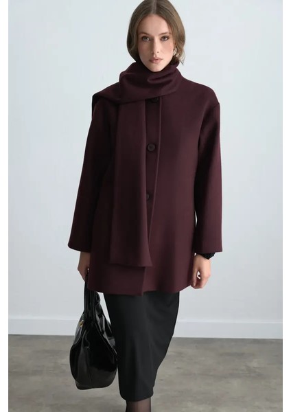 Atkılı Yünlü Kaşe Kaban - Bordo