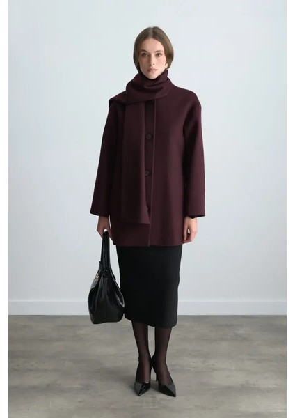 Atkılı Yünlü Kaşe Kaban - Bordo indirimleri