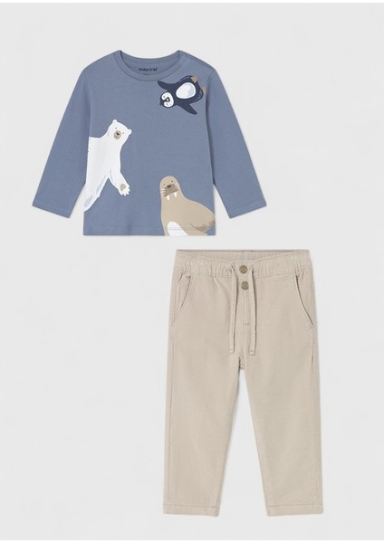 North Uzun Kol Sweat Içi Astarlı Kadife Pantolon Takım (01-04 Yaş Arası) - Bej/mavi