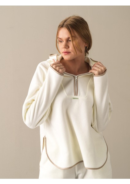 Kadın Beyaz Fermuarlı Polar Sweatshirt