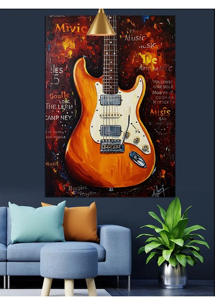 Kırmızı Parlak Elektro Gitar Çizimi Dekoratif Kanvas - Mdf Ahşap Tablo
