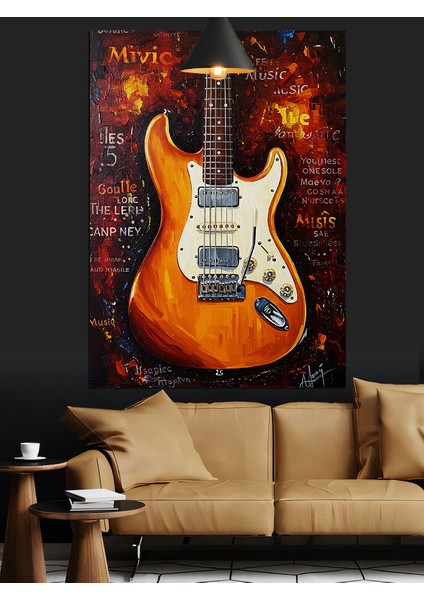 Kırmızı Parlak Elektro Gitar Çizimi Dekoratif Kanvas - Mdf Ahşap Tablo fiyatları