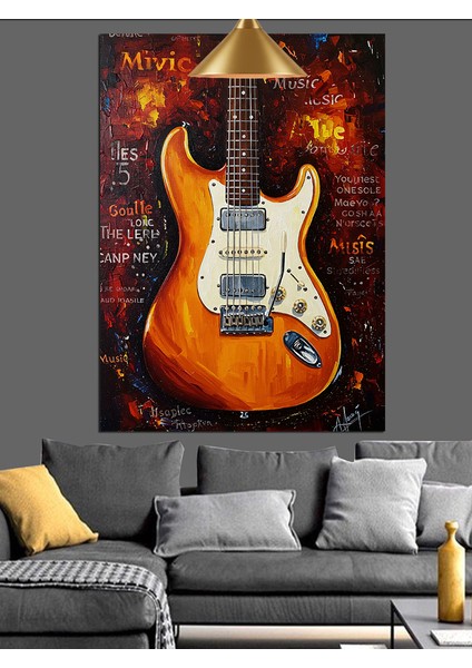 Kırmızı Parlak Elektro Gitar Çizimi Dekoratif Kanvas - Mdf Ahşap Tablo modelleri