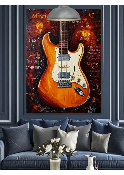 Kırmızı Parlak Elektro Gitar Çizimi Dekoratif Kanvas - Mdf Ahşap Tablo fırsatları