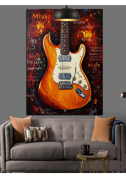 Kırmızı Parlak Elektro Gitar Çizimi Dekoratif Kanvas - Mdf Ahşap Tablo indirimleri