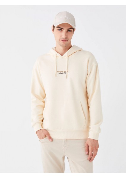 Xsıde Ekru Uzun Kollu Baskılı Erkek Kalın Hoodie