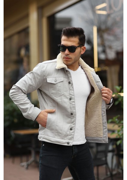 Erkek Trend Kışlık Içi Kürklü Kot Ceket Bej Taş