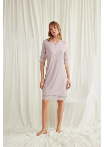 Monamise Dantel Detaylı Kısa Kollu ve Önü Düğmeli Gecelik