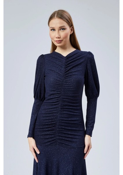 Ön Büzgü Detaylı Simli Abiye Elbise fiyatları