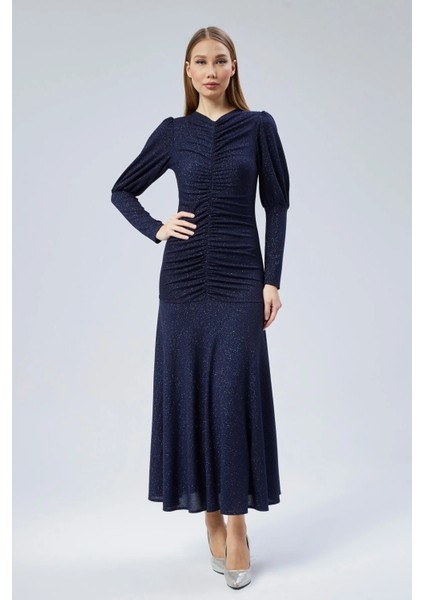 Ön Büzgü Detaylı Simli Abiye Elbise