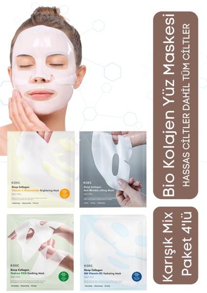 Bio Deep Kolajen Şeffaf Yüz Maskesi Seti - Kore Güzelliği, Parlaklık ve Nemlendirme 4 Lü