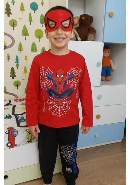 Çocuklar Için Göz Maskeli Karakter Baskılı %100 Pamuk 3 Lü Pijama Takımları