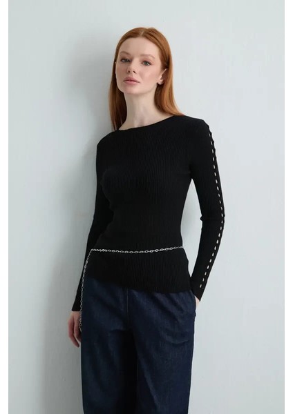 Kolları Delikli Triko Bluz - Siyah