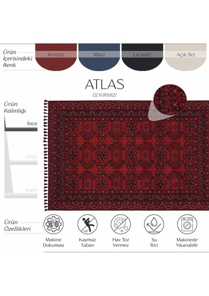 Atlas 02 Kırmızı Mutfak Halısı Yıkanabilir Halı Kaymaz Taban Yolluk Afgan Halısı Salon Halısı fiyatları