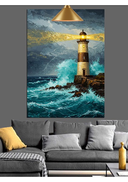 Dalgalı Denizin Üzerindeki Deniz Feneri Dekoratif Kanvas - Mdf Ahşap Tablo