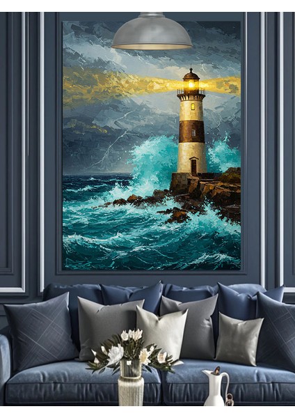 Dalgalı Denizin Üzerindeki Deniz Feneri Dekoratif Kanvas - Mdf Ahşap Tablo fiyatları
