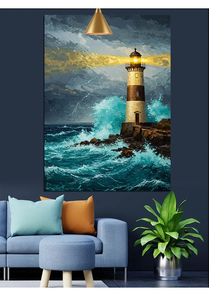 Dalgalı Denizin Üzerindeki Deniz Feneri Dekoratif Kanvas - Mdf Ahşap Tablo fırsatları