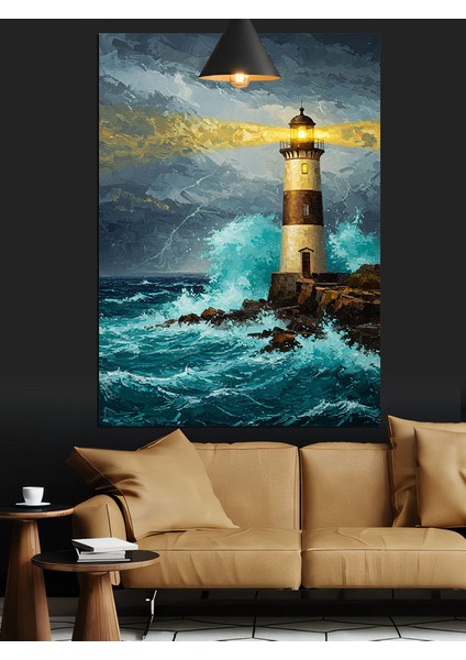 Dalgalı Denizin Üzerindeki Deniz Feneri Dekoratif Kanvas - Mdf Ahşap Tablo indirimleri