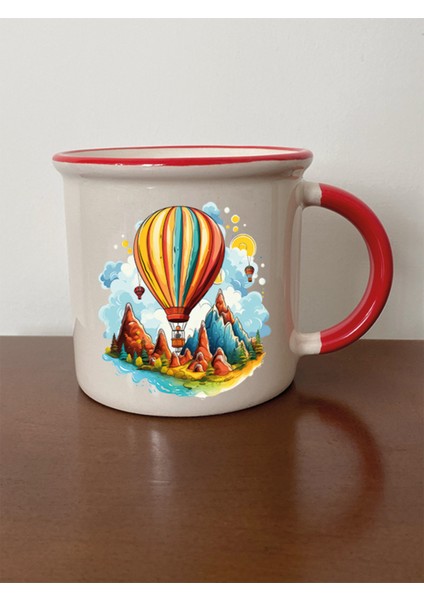 Uçan Balonlu Kırmızı Ağızlı Kupa Bardak Sevgiliye Hediye - Seramik Çay, Kahve Hediyelik Bardağı