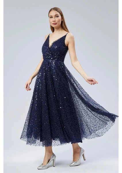 Kadın Abiye ve Mezuniyet Elbise Inci Boncuk Kumaş Kruvaze Ip Askılı Kadın Abiye Elbise