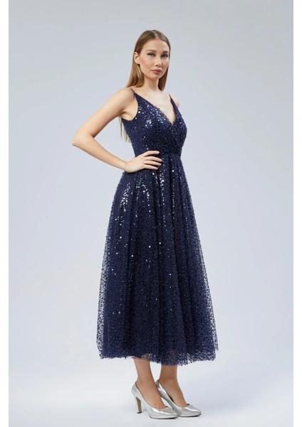 Kadın Abiye ve Mezuniyet Elbise Inci Boncuk Kumaş Kruvaze Ip Askılı Kadın Abiye Elbise