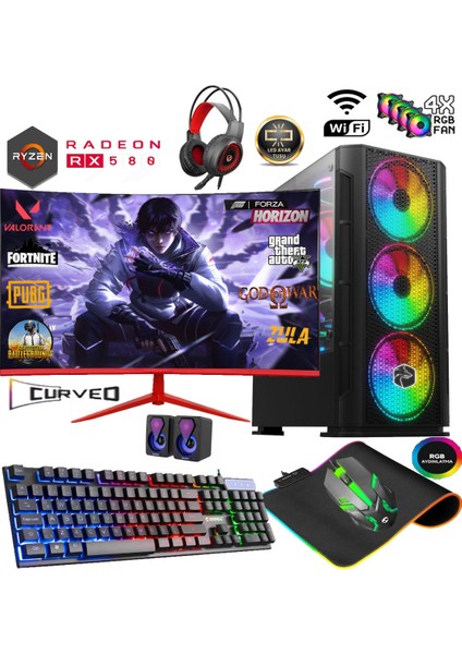 TC88X Ryzen 5 5500 16GB 512GB M2 SSD RX580 8gb 23.6' Curved Masaüstü Oyuncu Bilgisayarı Hazır Sistem