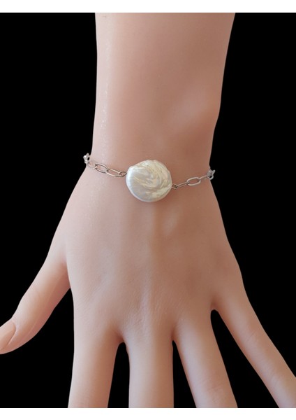 Doğal Barok Inci, Ataç Form Çelik Zincirli Bileklik