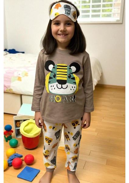 Çocuklar Için Göz Maskeli Karakter Baskılı %100 Pamuk 3 Lü Pijama Takımları