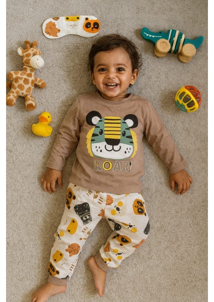 Çocuklar Için Göz Maskeli Karakter Baskılı %100 Pamuk 3 Lü Pijama Takımları modelleri