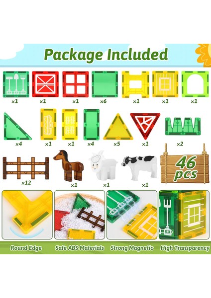 Manyetik Tiles Çiftlik Hayvanları Temalı 46 Parça Manyetik Yapı Magnetic Bloklar fırsatları