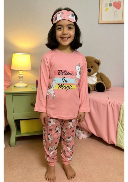 Çocuklar Için Göz Maskeli Karakter Baskılı %100 Pamuk 3 Lü Pijama Takımları