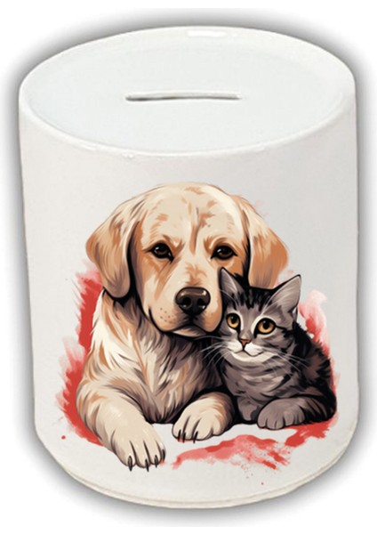 Sarılan Kedili Köpekli Kumbara - Para Biriktirme Kumbarası